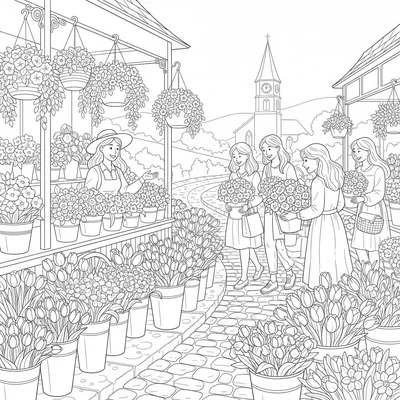 A spring flower market with rows of bucket arrangements lining a cobblestone coloring page