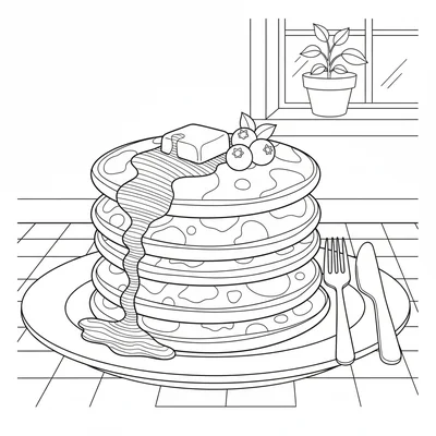 A stack of colorful pancakes on a plate with maple syrup drizzling down coloring page