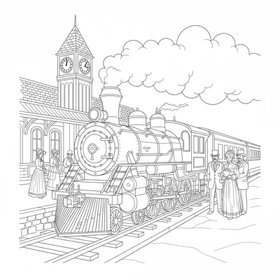 A steam-powered locomotive pulling into a old railway station, its decorated coloring page