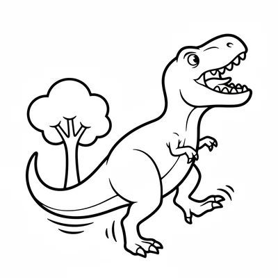 A stomping T-Rex viewed from the side with one huge foot raised high, simple mo… coloring page