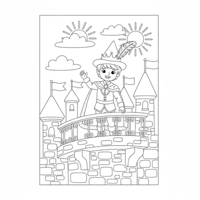 A storybook prince in a tall hat waving from a balcony, a simple kingdom coloring page