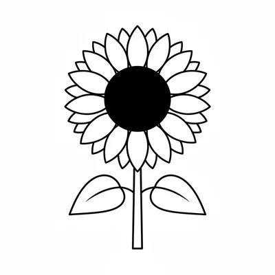 A simple sunflower facing the viewer, its round dark center disc surrounded coloring page