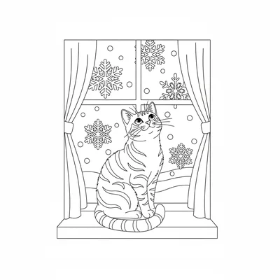 A tabby cat sitting on a windowsill looking outside at falling snowflakes, its coloring page