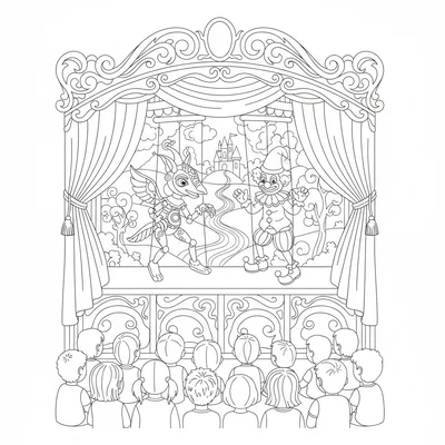 A theatrical puppet show stage with a carved wooden booth, velvet curtains coloring page