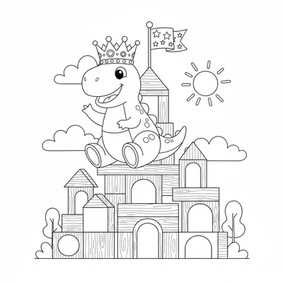 A toy dinosaur wearing a crown sitting on a child's block castle, one arm raise… coloring page