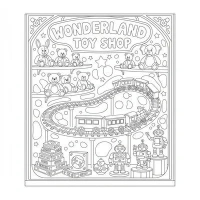 A toy store window display with a large model train running on an elevated coloring page