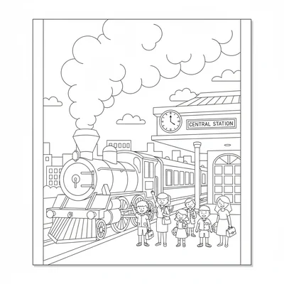 A simple train station with a steam train at the platform, passengers waiting coloring page