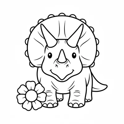 A Triceratops facing straight forward, its wide frill spread out like a fan beh… coloring page