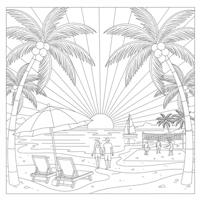 A tropical beach resort scene at sunset with palm trees framing a scene coloring page