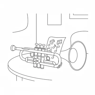 A trumpet lying on its side with the bell facing forward, three valves visible coloring page