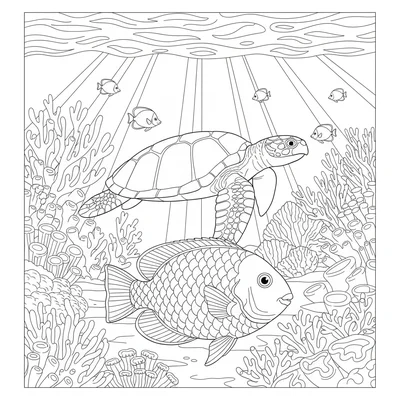 An underwater coral reef scene with a large parrotfish in the foreground, a sea coloring page