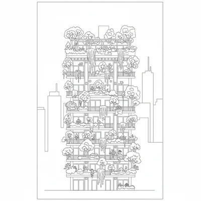 A vertical forest building with trees and plants growing from every balcony coloring page