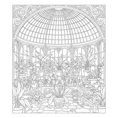 A Victorian greenhouse interior with an ornate cast-iron frame structure coloring page