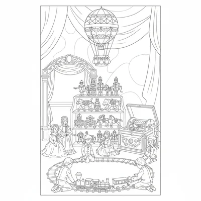 A Victorian toy fair scene with mechanical wind-up toys displayed on tiered coloring page