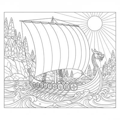 A Viking longship at sea with its wide striped sail catching the wind, oars coloring page