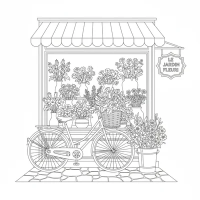 A vintage bicycle leaning against a flower shop storefront, its wicker front coloring page