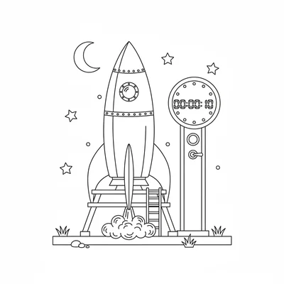 A vintage rocket ship standing on a launch pad with a countdown clock beside coloring page