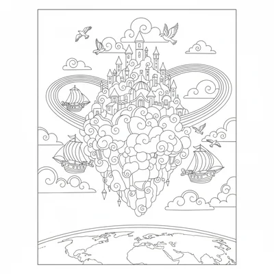 A whimsical cloud city floating above the earth below coloring page
