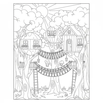A whimsical treehouse village with multiple small treehouses connected by rope coloring page