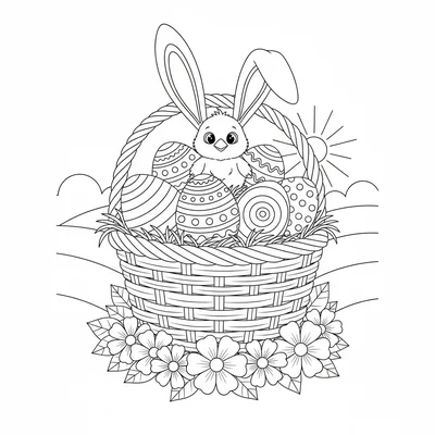 A wide basket of colorful Easter eggs with a small chick peeking over the rim coloring page