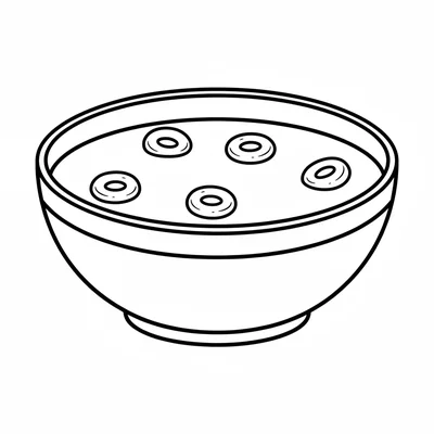 A wide bowl of cereal viewed from a slight angle, its round bowl shape coloring page