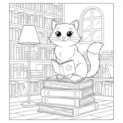 A wide-eyed cat sitting on a stack of thick books in a cozy library corner, its coloring page