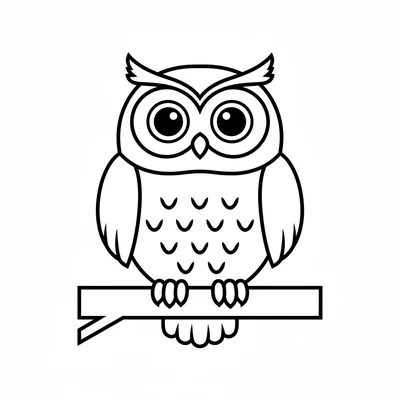 A wide-eyed owl perched on a thick horizontal branch, its round fluffy body coloring page