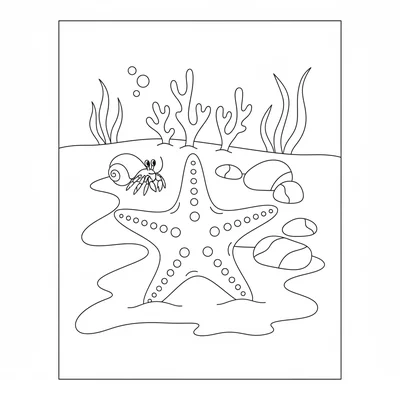 A wide starfish resting on a sandy ocean floor with four or five small colorful coloring page