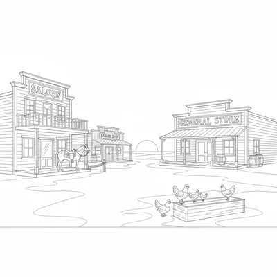 A wild west scene of a dusty main street with a saloon, barber shop coloring page