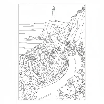 A winding coastal road scene with a small colorful village visible below coloring page