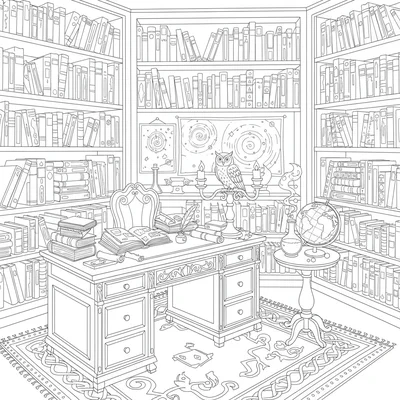 A wizard's study with tall bookshelves filled with leather-bound volumes coloring page