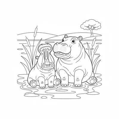 A yawning baby hippo with its enormous mouth wide open, its tiny teeth visible coloring page