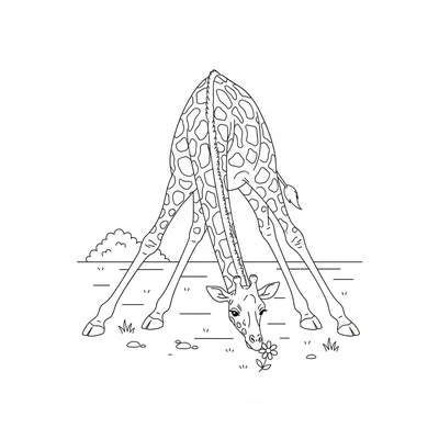 A young giraffe with spots bending its long neck down to sniff a very small coloring page
