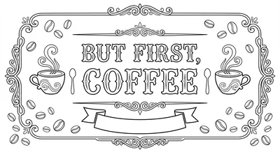 Render the exact text 'BUT FIRST, COFFEE' in Chalkboard Sig… coloring page