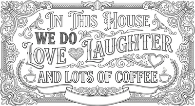 Render the exact text 'IN THIS HOUSE WE DO LOVE LAUGHTER AN… coloring page
