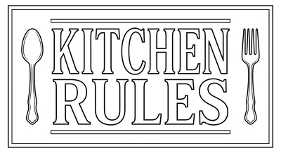 Render the exact text 'KITCHEN RULES' in Chalkboard Sign style. INK ON WHITE BA… coloring page