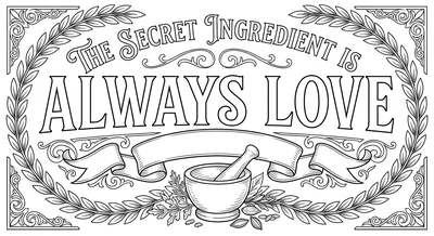 Render the exact text 'THE SECRET INGREDIENT IS ALWAYS LOVE… coloring page