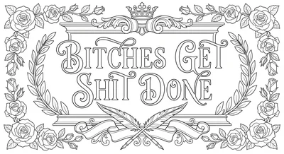 Render the exact text 'BITCHES GET SHIT DONE' in High-End Wedding Script style.… coloring page