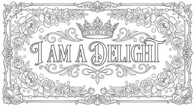 Render the exact text 'I AM A DELIGHT' in High-End Wedding Script style. Elegan… coloring page