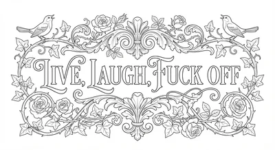 Render the exact text 'LIVE, LAUGH, FUCK OFF' in High-End W… coloring page