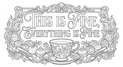 Render the exact text 'THIS IS FINE, EVERYTHING IS FINE' in… coloring page