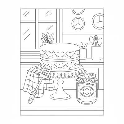 A simple afternoon baking scene on a kitchen counter with a round layer cake coloring page