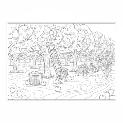 A apple orchard autumn scene with heavy-laden apple trees coloring page