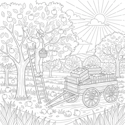 A apple orchard harvest scene with a flat-bed wooden farm cart loaded coloring page
