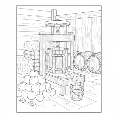 A autumn cider pressing scene with a wooden screw press in the center coloring page