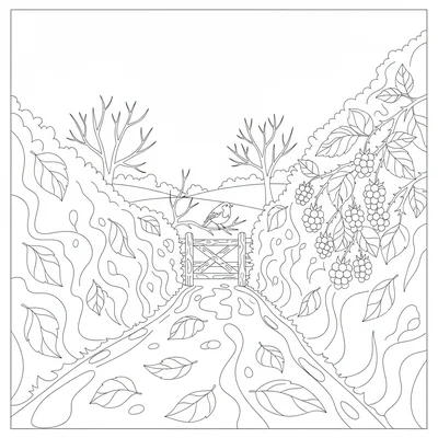 A autumn country walk scene with a muddy lane between two hedgerows in autumn coloring page