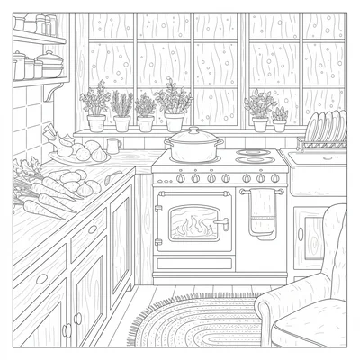 A autumn evening cottage kitchen with the range cooker lit, a casserole pot coloring page