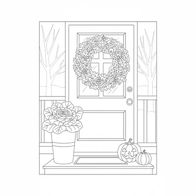 A simple autumn front door scene with a round wreath of orange and red leaves coloring page