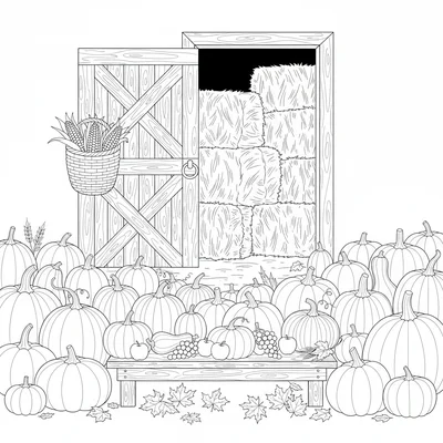 A autumn harvest scene with a wooden barn door open to reveal stacked hay bales coloring page