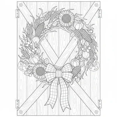 A autumn harvest wreath on a barn door with a full circular wreath of wheat coloring page